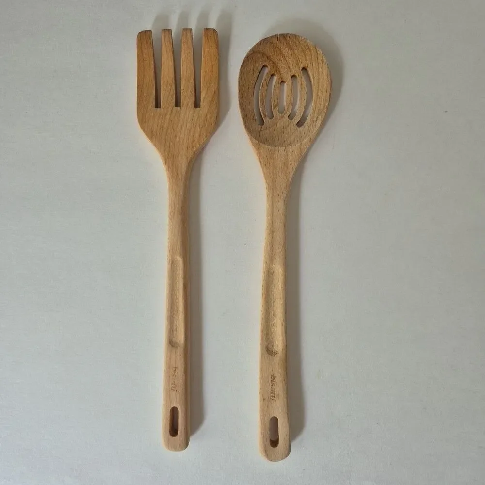 Bisetti Natural Wood Slotted Spoon and Fork Set Kitchen Utensils 13 IN Italy